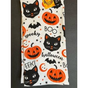 2 Halloween Vintage Looking Black Cats JOL Pumpkins Kitchen Towels Bats Moon